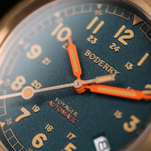 Boderry Voyager dial close up showing legibility and textured field watch design