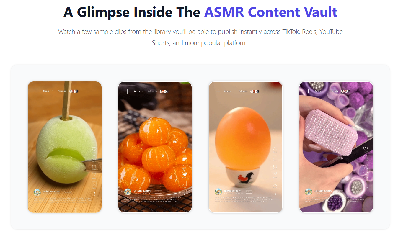 ASMR Content Vault preview showing sample clips and content library interface