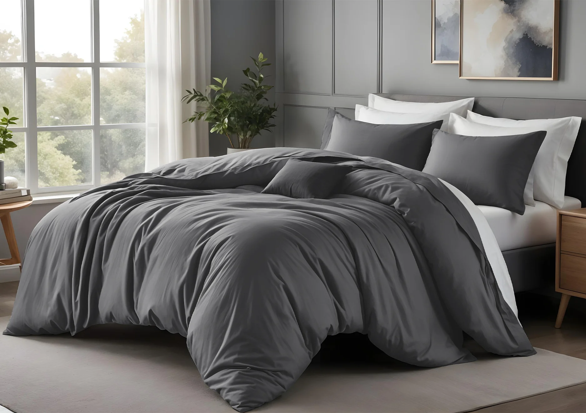 Oxford Homeware dark grey bedding set styled in a modern bedroom