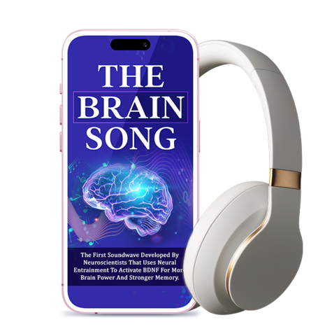 The Brain Song audio program shown on smartphone with headphones